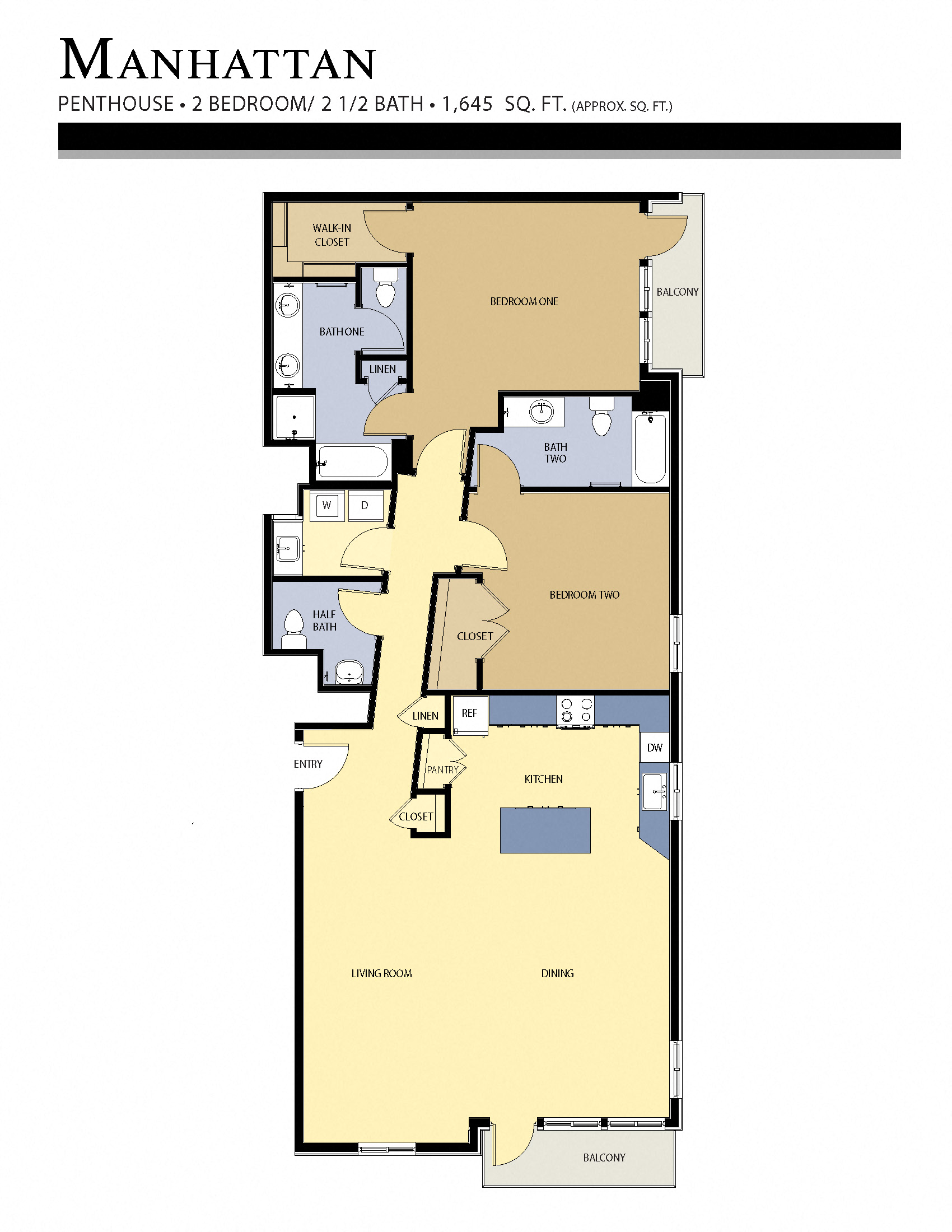 Floor plan for 2 beds, 2.5 baths, 1645 sqft
